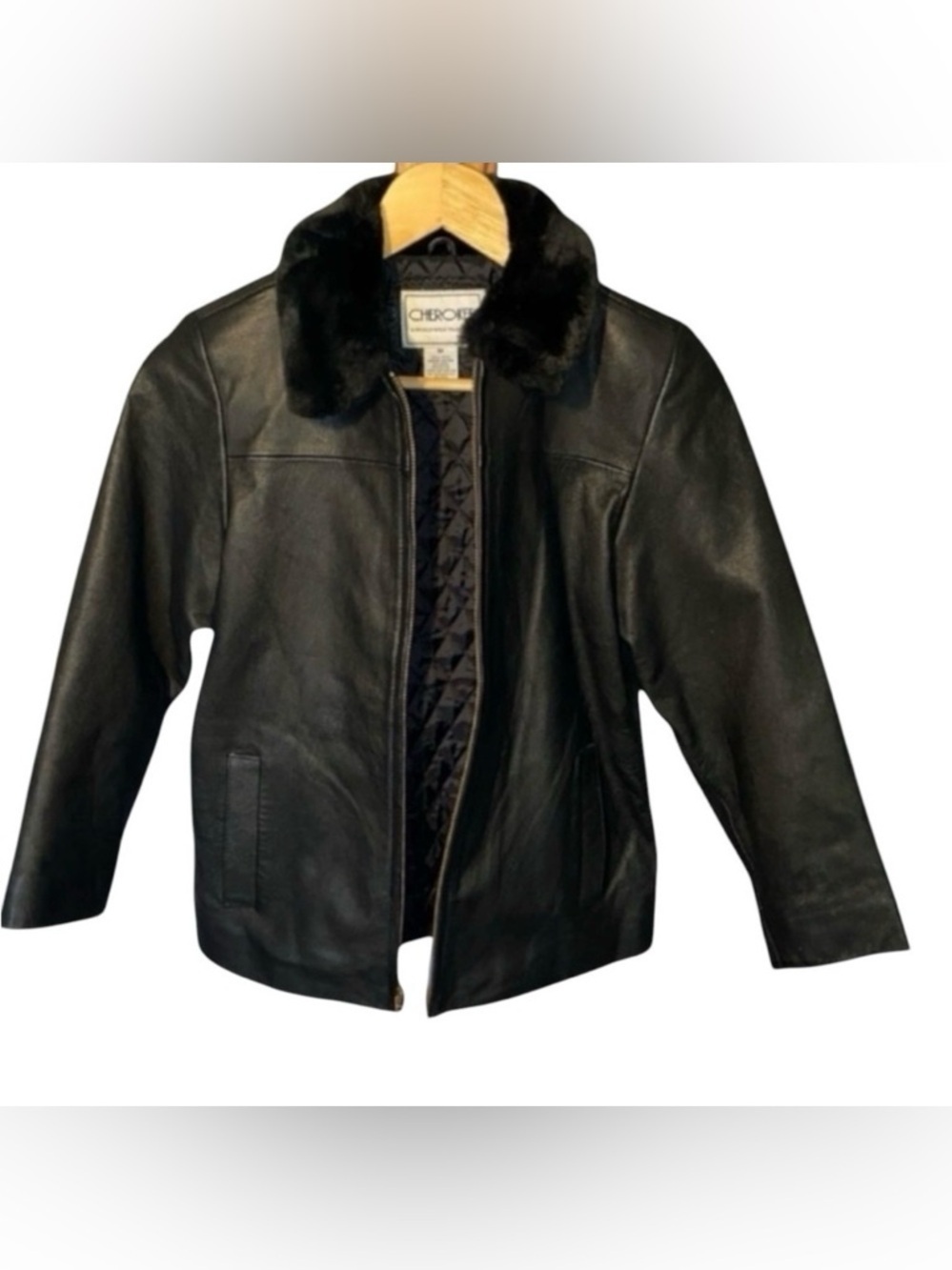 Cherokee Girls Medium Genuine Black Leather Jacket with Faux Fur Collar Biker
